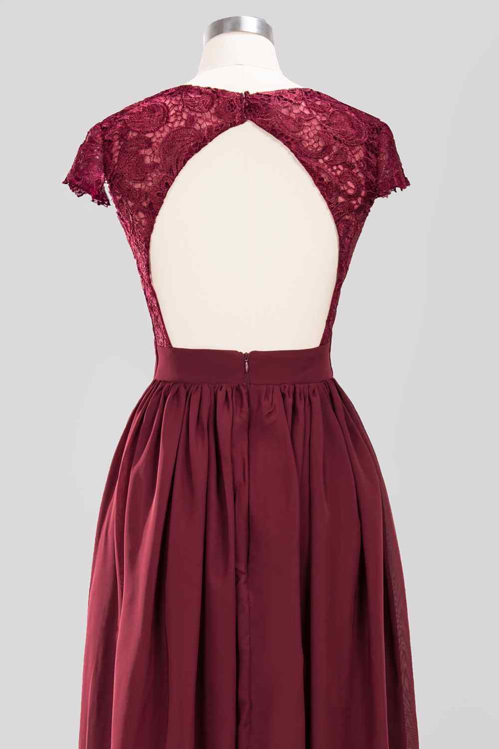 Burgundy A-line Cap Sleeves Lace Cut-Out Back Chiffon Long Bridesmaid Dress Prom Evening Gowns