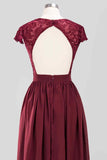 Burgundy A-line Cap Sleeves Lace Cut-Out Back Chiffon Long Bridesmaid Dress Prom Evening Gowns