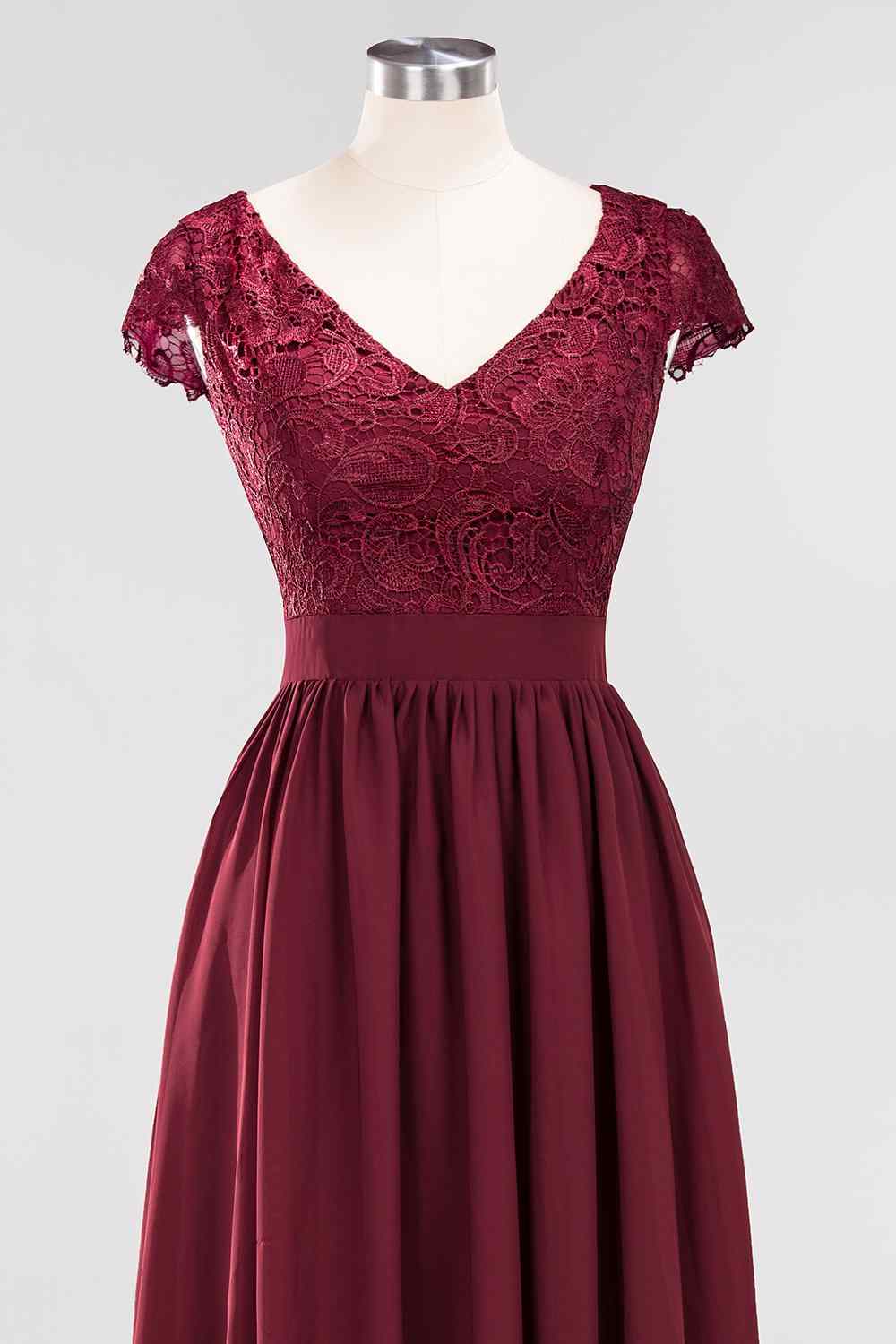 Burgundy A-line Cap Sleeves Lace Cut-Out Back Chiffon Long Bridesmaid Dress Prom Evening Gowns