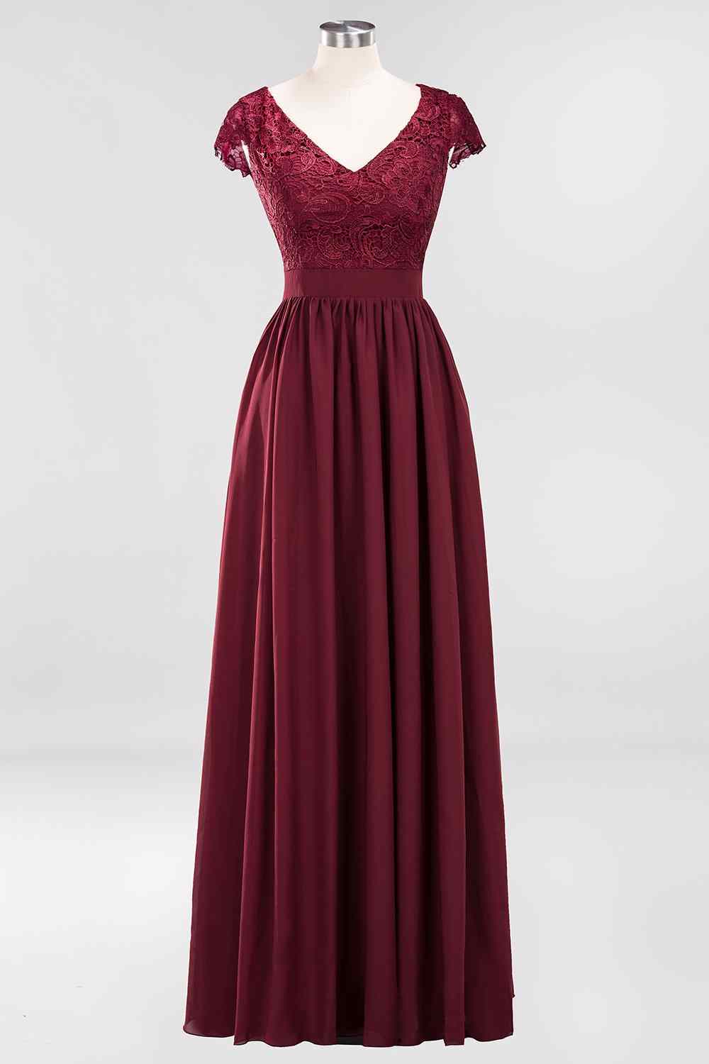 Burgundy A-line Cap Sleeves Lace Cut-Out Back Chiffon Long Bridesmaid Dress Prom Evening Gowns
