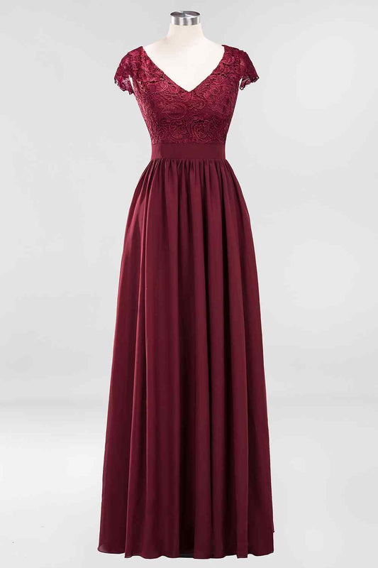 Burgundy A-line Cap Sleeves Lace Cut-Out Back Chiffon Long Bridesmaid Dress Prom Evening Gowns