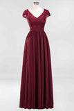 Burgundy A-line Cap Sleeves Lace Cut-Out Back Chiffon Long Bridesmaid Dress Prom Evening Gowns