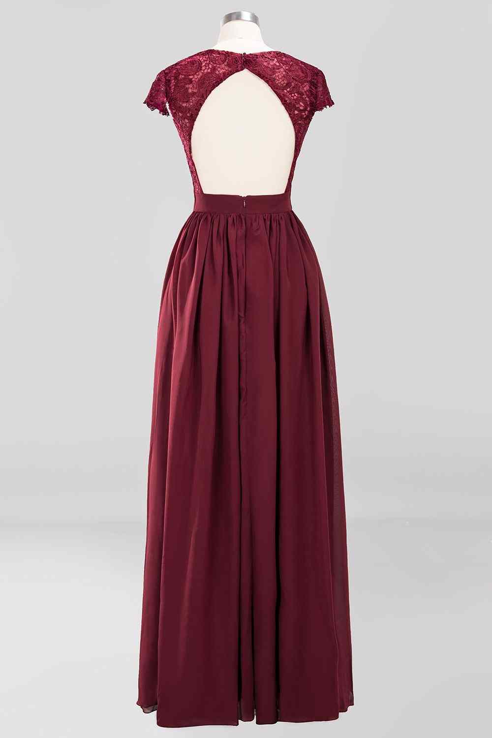Burgundy A-line Cap Sleeves Lace Cut-Out Back Chiffon Long Bridesmaid Dress Prom Evening Gowns