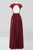 Burgundy A-line Cap Sleeves Lace Cut-Out Back Chiffon Long Bridesmaid Dress Prom Evening Gowns