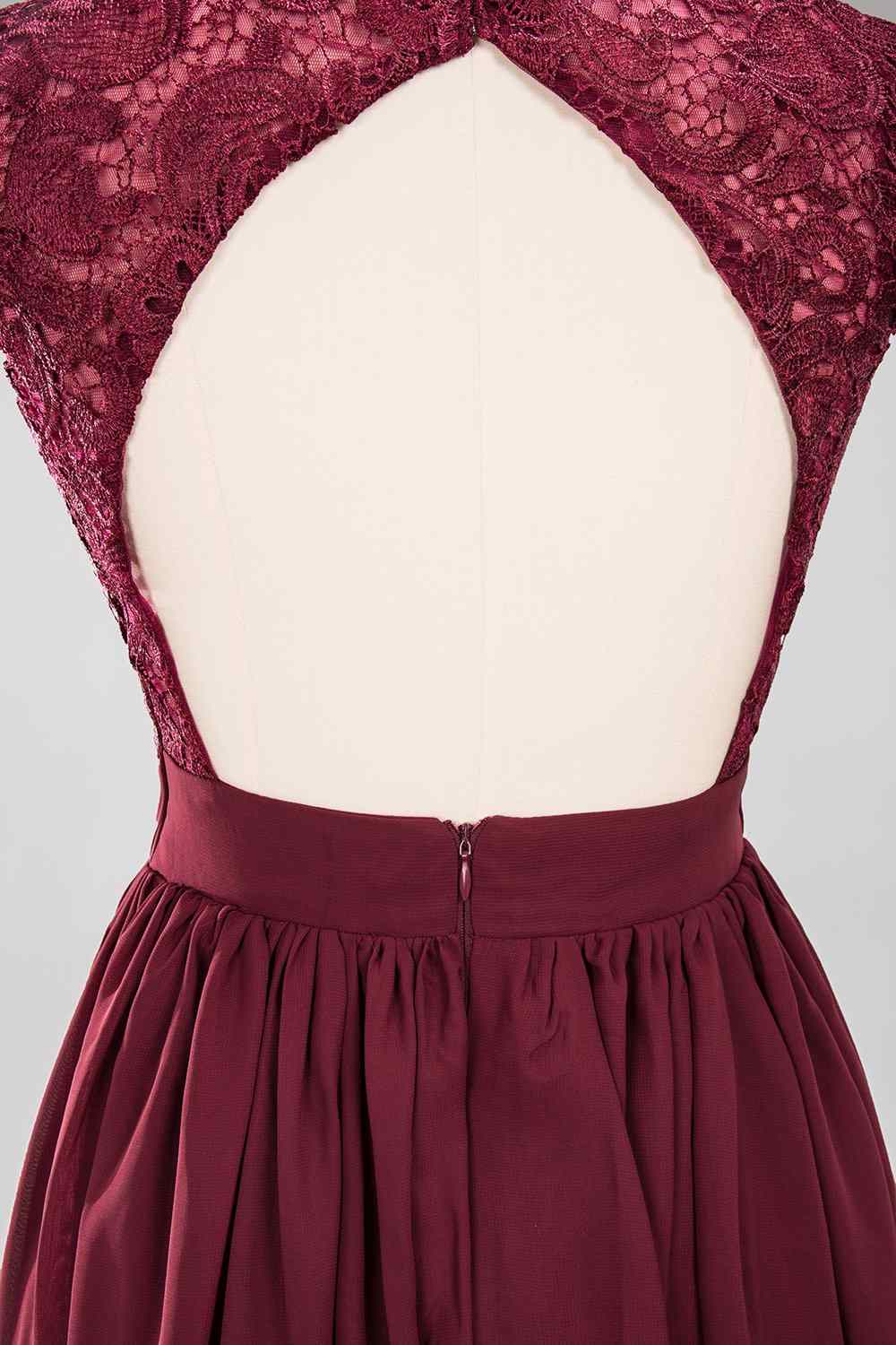 Burgundy A-line Cap Sleeves Lace Cut-Out Back Chiffon Long Bridesmaid Dress Prom Evening Gowns