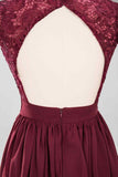 Burgundy A-line Cap Sleeves Lace Cut-Out Back Chiffon Long Bridesmaid Dress Prom Evening Gowns