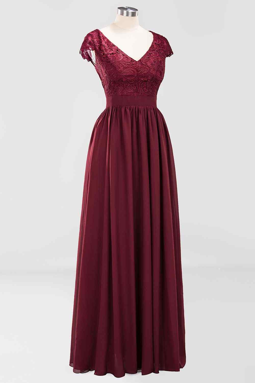 Burgundy A-line Cap Sleeves Lace Cut-Out Back Chiffon Long Bridesmaid Dress Prom Evening Gowns
