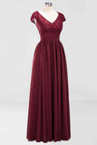 Burgundy A-line Cap Sleeves Lace Cut-Out Back Chiffon Long Bridesmaid Dress Prom Evening Gowns
