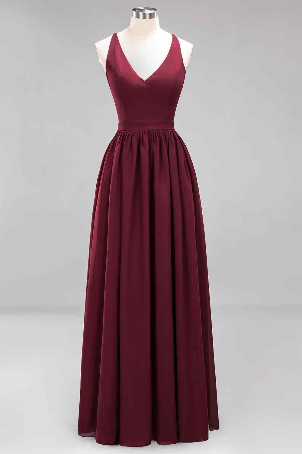 Burgunderrotes A-Linien-Brautjungfernkleid mit herzförmigen Ärmeln und plissiertem Chiffon 