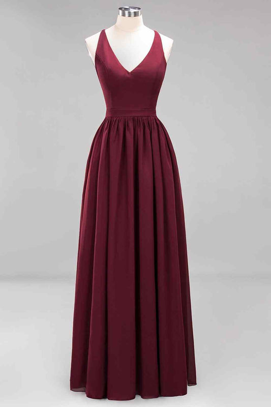 Burgundy A-line Sweetheart Sleeves Pleated Chiffon Long Bridesmaid Dress Prom Evening Gowns