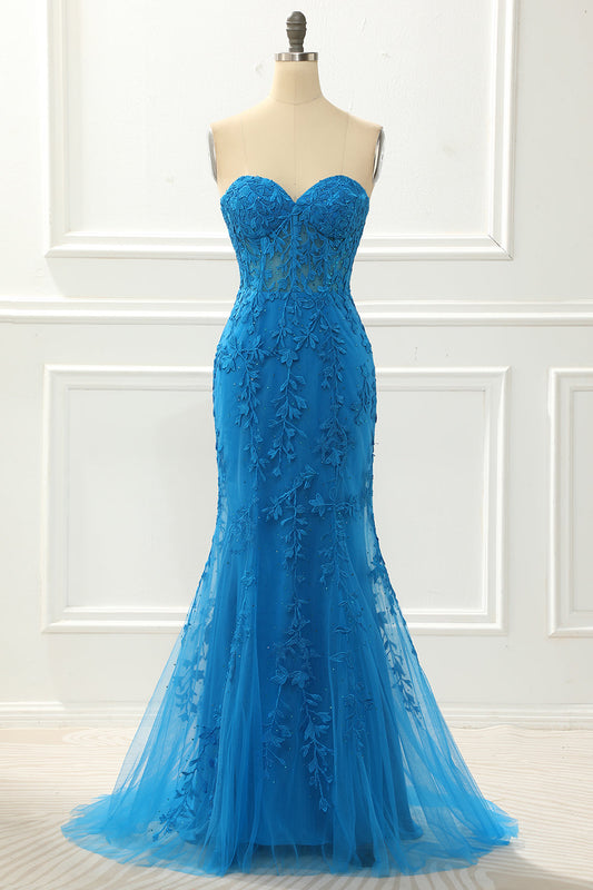Blaues trägerloses Meerjungfrau-Ballkleid mit Applikationen, formelle Abendkleider