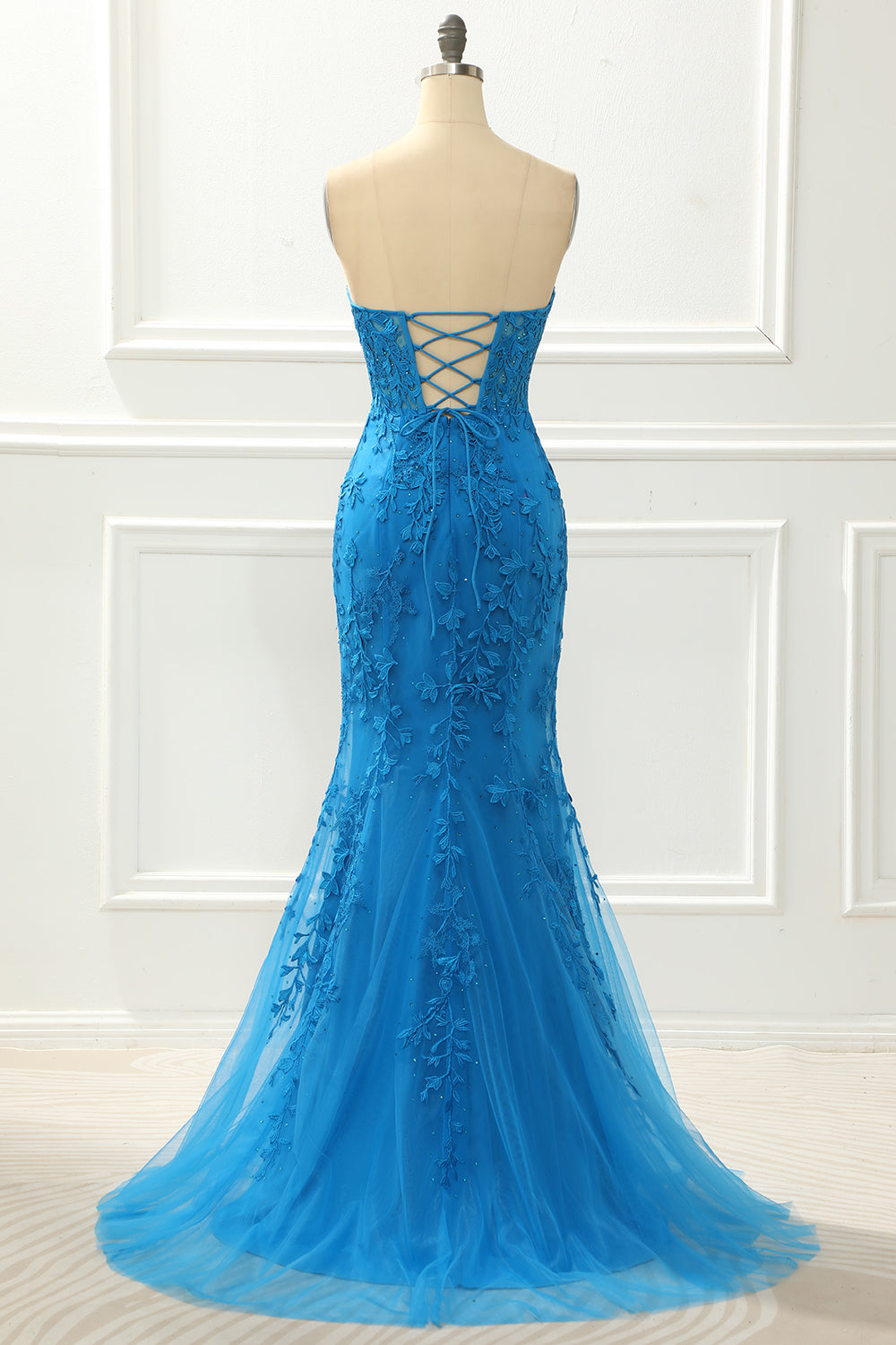 Blaues trägerloses Meerjungfrau-Ballkleid mit Applikationen, formelle Abendkleider