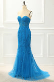 Blaues trägerloses Meerjungfrau-Ballkleid mit Applikationen, formelle Abendkleider