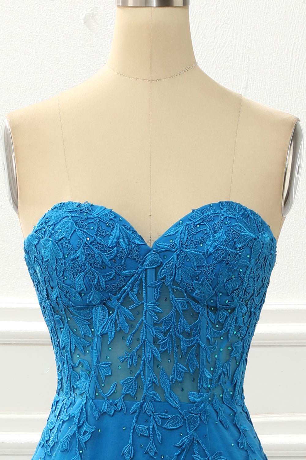 Blaues trägerloses Meerjungfrau-Ballkleid mit Applikationen, formelle Abendkleider