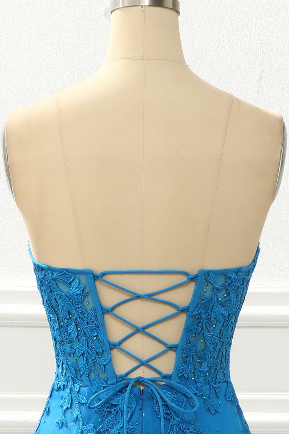 Blaues trägerloses Meerjungfrau-Ballkleid mit Applikationen, formelle Abendkleider