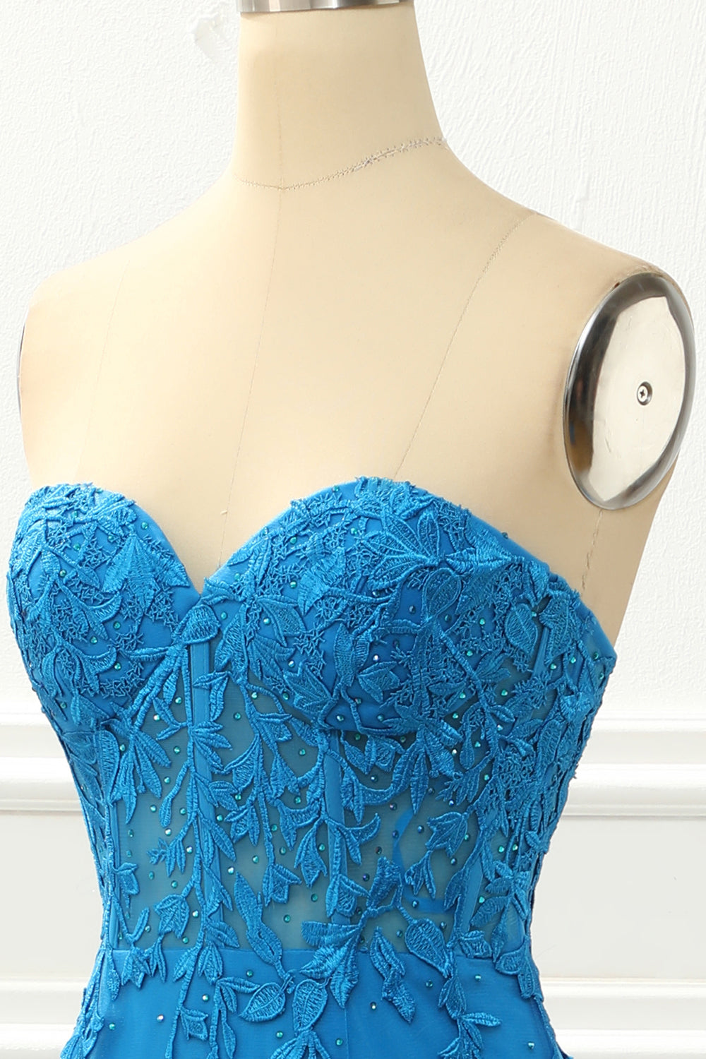 Blaues trägerloses Meerjungfrau-Ballkleid mit Applikationen, formelle Abendkleider