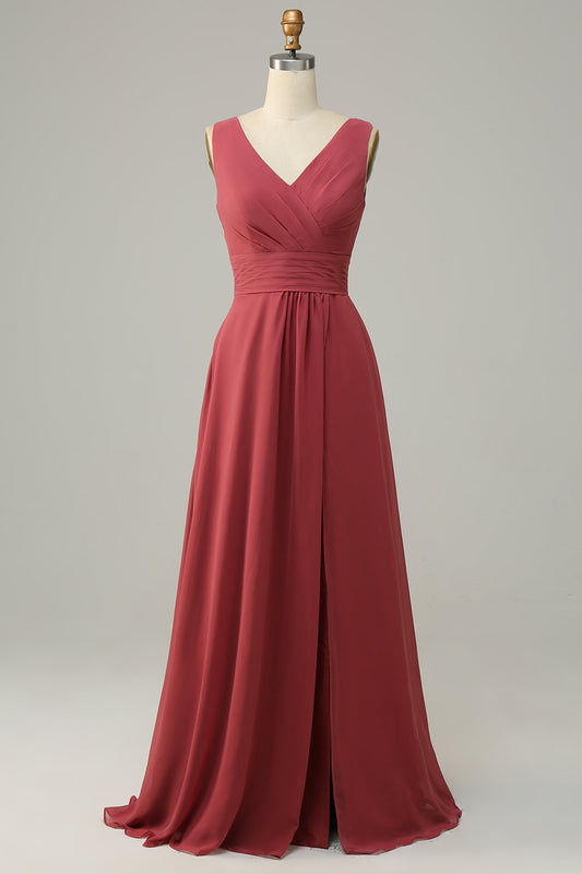 V Neck Desert Rose Sleeveless Chiffon Long Bridesmaid Dress Formal Evening Dresses
