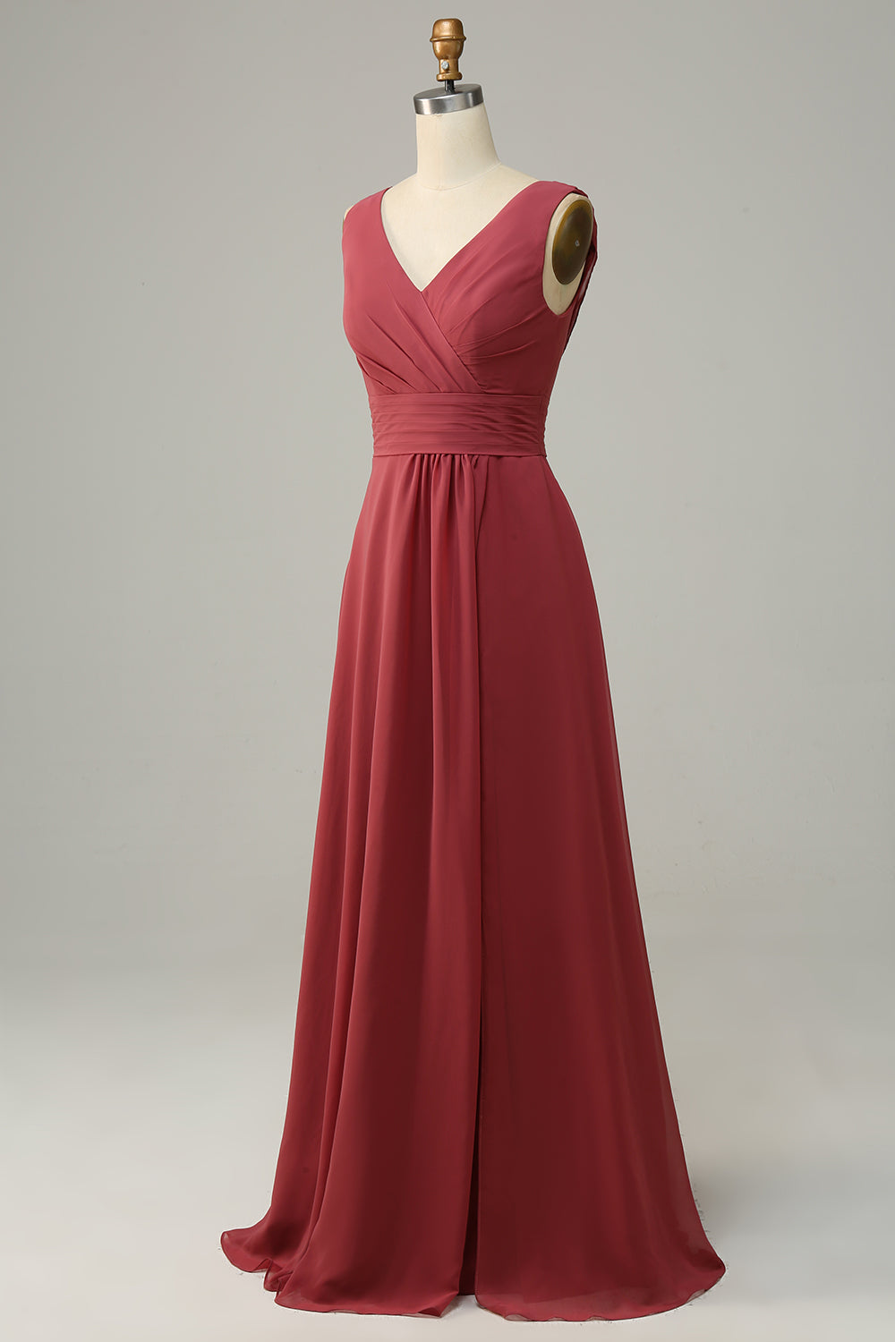 V-Ausschnitt Desert Rose Ärmelloses Chiffon Langes Brautjungfernkleid Formelle Abendkleider