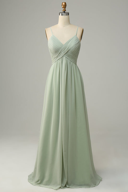 Spaghetti Straps Sleeveless Dusty Sage Bridesmaid Dress Formal Evening Gowns Dresses