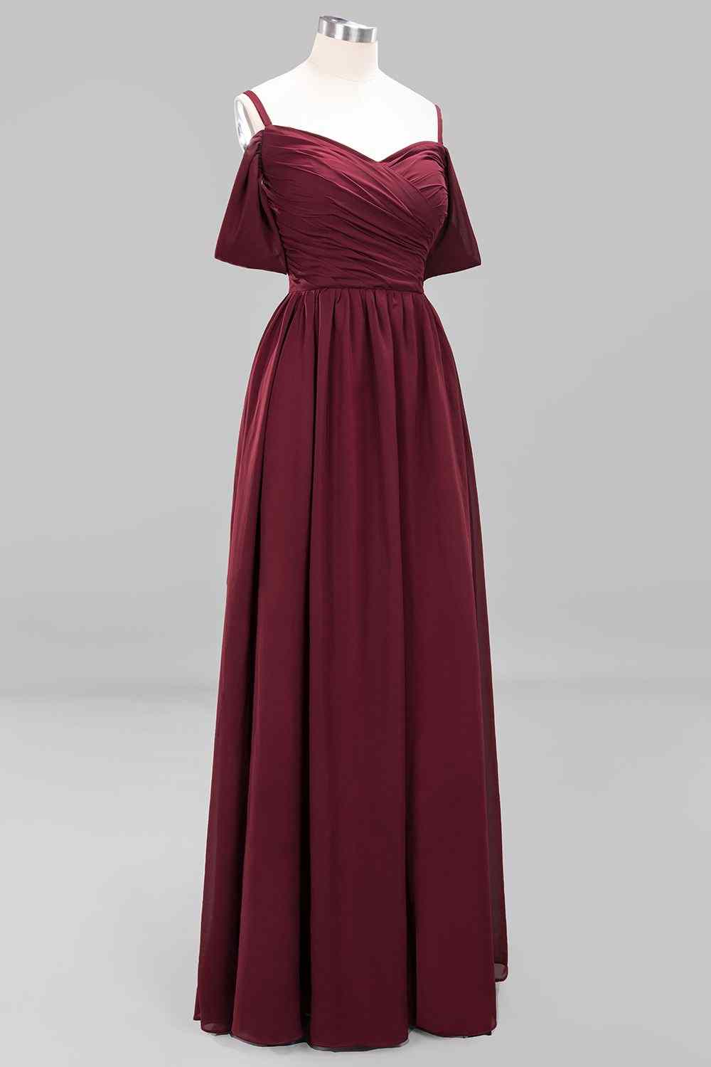 Burgunderrotes A-Linien-Brautjungfernkleid mit herzförmigen Ärmeln und plissiertem Chiffon 