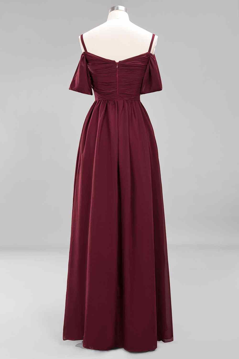 Burgunderrotes A-Linien-Brautjungfernkleid mit herzförmigen Ärmeln und plissiertem Chiffon 