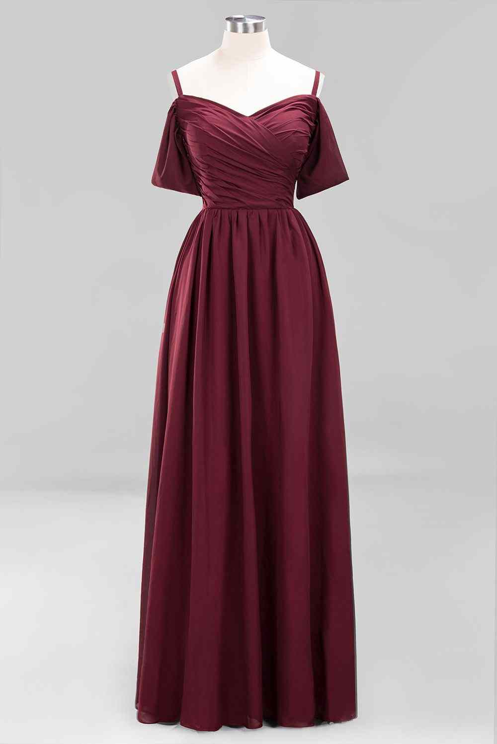 Burgunderrotes A-Linien-Brautjungfernkleid mit herzförmigen Ärmeln und plissiertem Chiffon 