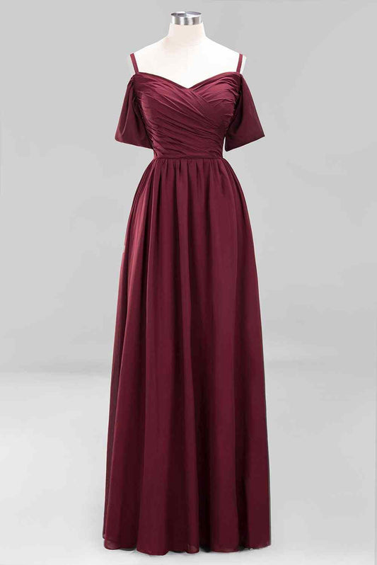 Burgundy A-line Sweetheart Sleeves Pleated Chiffon Long Bridesmaid Dress Prom Evening Gowns