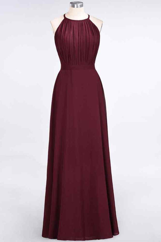 Burgundy A-line Halter Cut-Out Back Pleated Chiffon Long Bridesmaid Dress Prom Evening Gowns