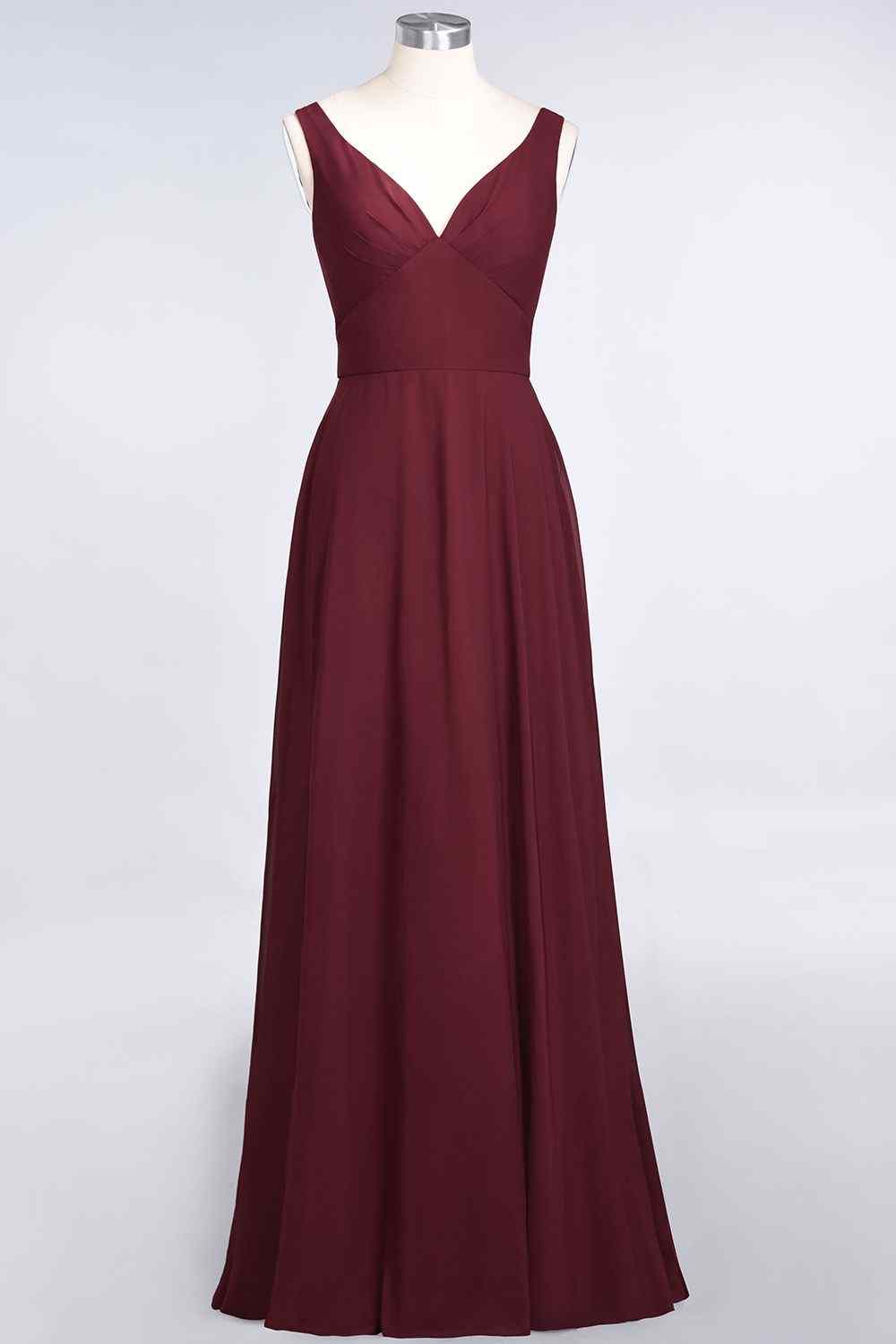 Burgundy A-line V Neck Cut-Out Back Chiffon Long Bridesmaid Dress Prom Evening Gowns