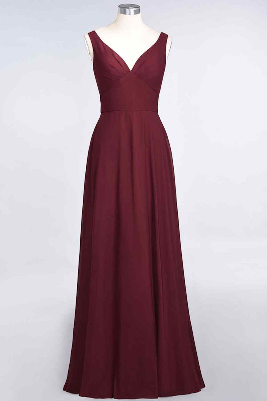 Burgundy A-line V Neck Cut-Out Back Chiffon Long Bridesmaid Dress Prom Evening Gowns