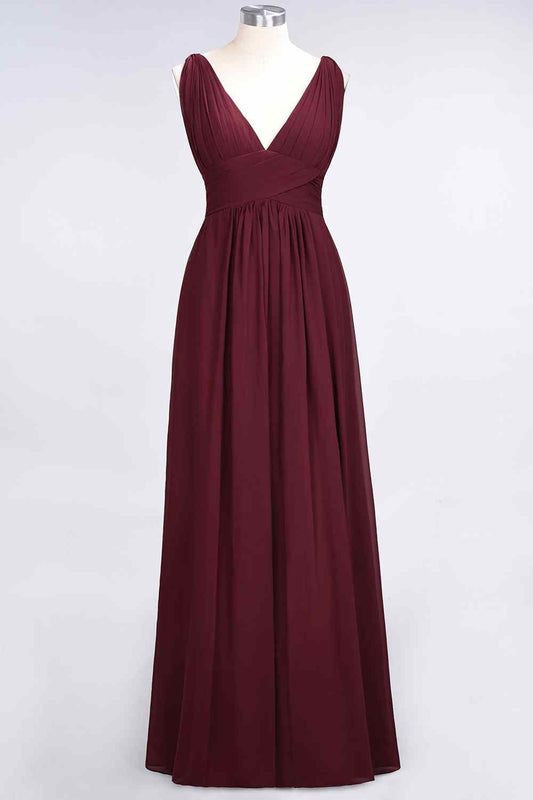 Burgundy A-line V Neck Sleeveless Pleated Chiffon Long Bridesmaid Dress Prom Evening Gowns