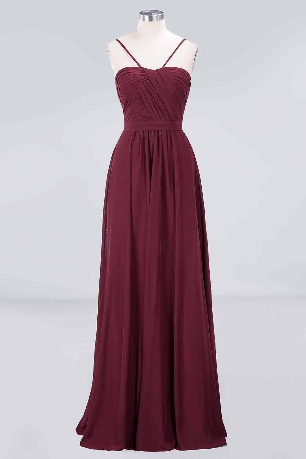 Burgundy A-line Spaghetti Straps Pleated Chiffon Long Bridesmaid Dress Prom Evening Gowns