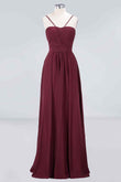 Burgundy A-line Spaghetti Straps Pleated Chiffon Long Bridesmaid Dress Prom Evening Gowns