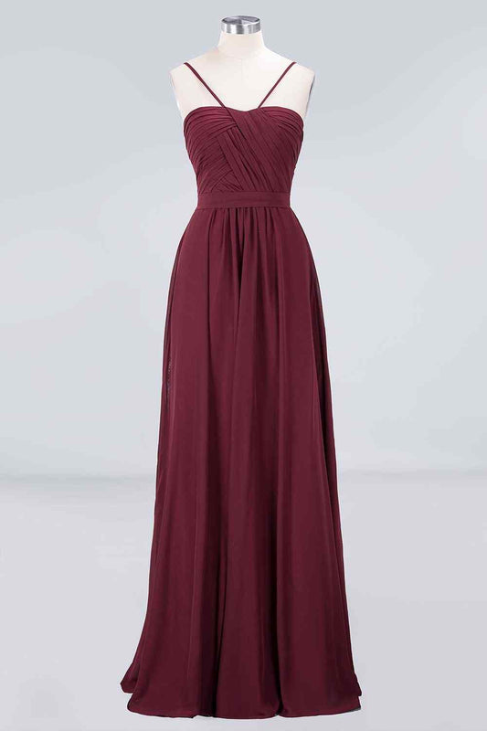 Burgundy A-line Spaghetti Straps Pleated Chiffon Long Bridesmaid Dress Prom Evening Gowns