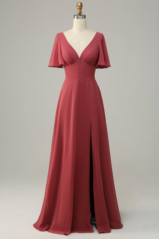 V Neck Short Sleeves Open Back Bridesmaid Dress Formal Evening Prom Dresses