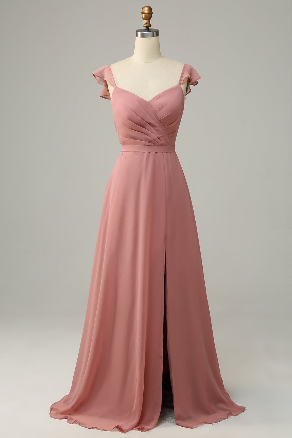 Dusty Rose A-Linie Rüschen Langes Brautjungfernkleid mit Schlitz Formelle Abendkleider