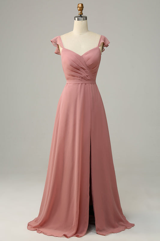 Vestido largo de dama de honor con volantes, corte A, color rosa empolvado y abertura. Vestidos de noche formales.