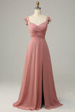 Dusty Rose A-Linie Rüschen Langes Brautjungfernkleid mit Schlitz Formelle Abendkleider