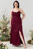 Burgundy Satin Sheath Halter Plus Size Bridesmaid Dress With Slit Formal Evening Dresses