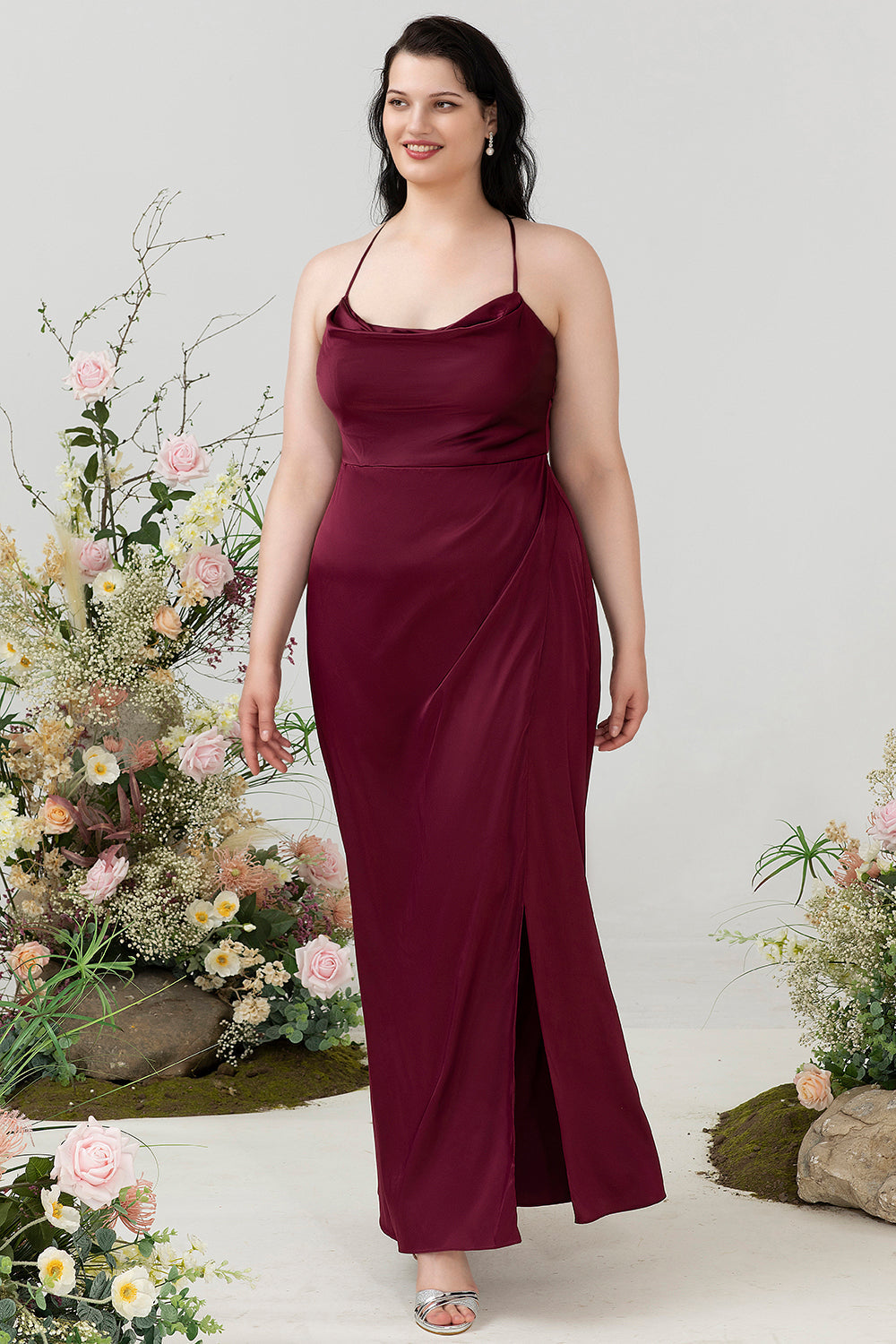 Burgundy Satin Sheath Halter Plus Size Bridesmaid Dress With Slit Formal Evening Dresses