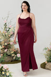 Burgundy Satin Sheath Halter Plus Size Bridesmaid Dress With Slit Formal Evening Dresses