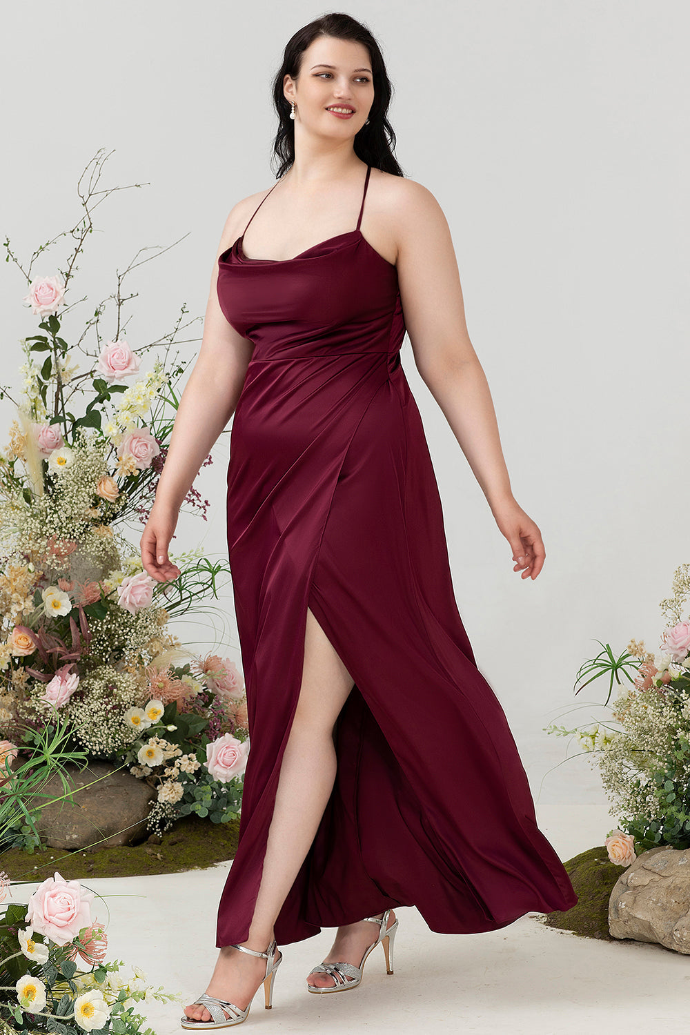 Burgundy Satin Sheath Halter Plus Size Bridesmaid Dress With Slit Formal Evening Dresses