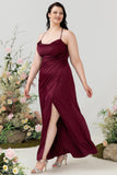 Burgundy Satin Sheath Halter Plus Size Bridesmaid Dress With Slit Formal Evening Dresses