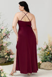 Burgundy Satin Sheath Halter Plus Size Bridesmaid Dress With Slit Formal Evening Dresses