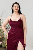 Burgundy Satin Sheath Halter Plus Size Bridesmaid Dress With Slit Formal Evening Dresses