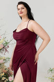 Burgundy Satin Sheath Halter Plus Size Bridesmaid Dress With Slit Formal Evening Dresses