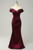 Vestido de dama de honor largo con hombros descubiertos en color burdeos, vestidos de noche formales
