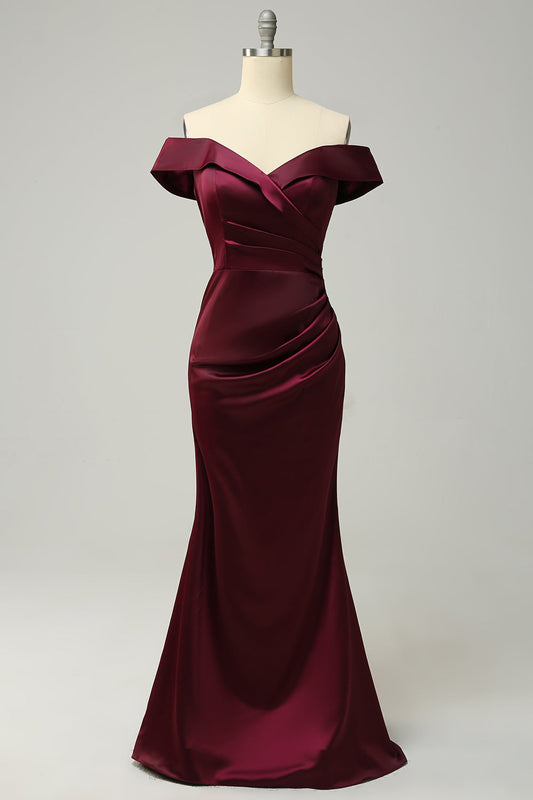 Vestido de dama de honor largo con hombros descubiertos en color burdeos, vestidos de noche formales
