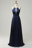 Navy Halter Satin Open Back Long Bridesmaid Dress Formal Evening Dresses