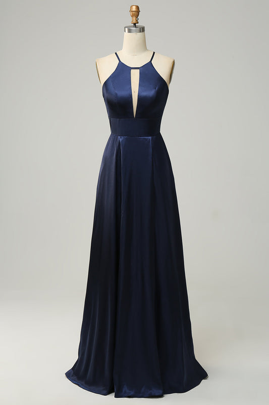 Vestido de dama de honor largo con cuello halter de satén azul marino y espalda abierta, vestidos de noche formales